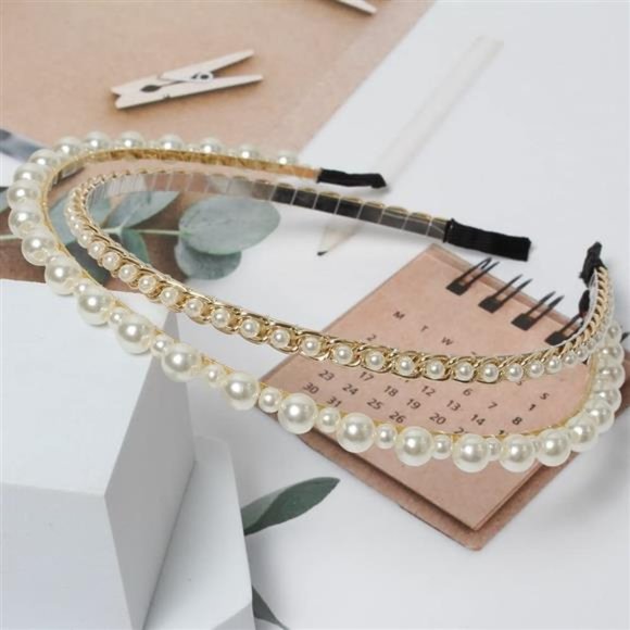 3 Pack Pearl Headbands White Faux Pearls Gold Hairbands Bridal Hair Hoop main image 6